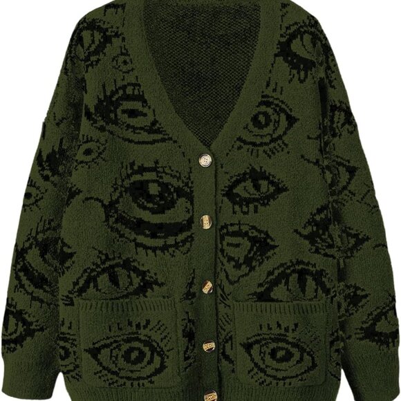 Women's Plus Size Button Down Eye Print Goth Cardigan Grunge Punk Sweater Outerw - Picture 1 of 4